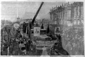 Парад в честь 28-й годовщины Октября. Колонна завода «Большевик», грузовик везет пушку, выпускавшуюся во время войны